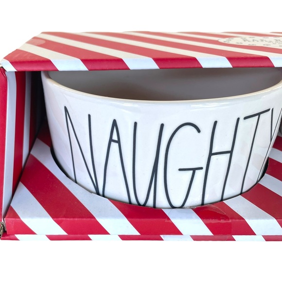 Rae Dunn Naughty & Nice Holiday 6" Pet Bowl Gift Set White w/Black Lettering NIB - Picture 4 of 7